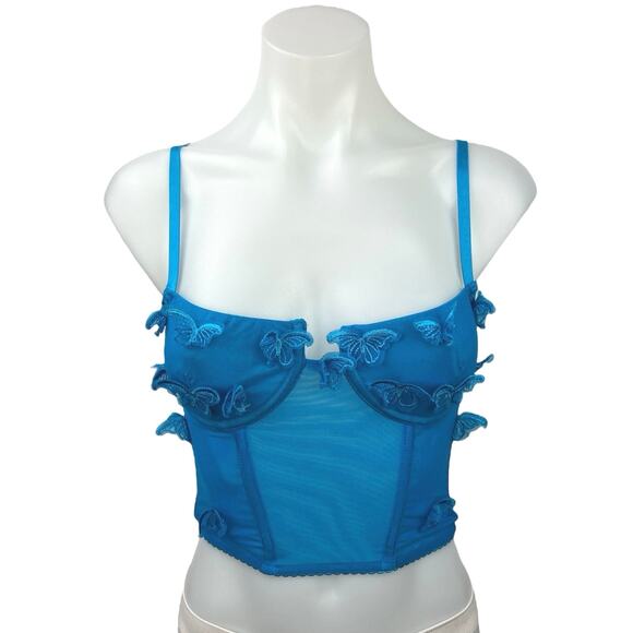 Forever 21 Blue Butterfly Applique Split Scoop Neck Corset Bustier Tank Top Sz S - Picture 1 of 5